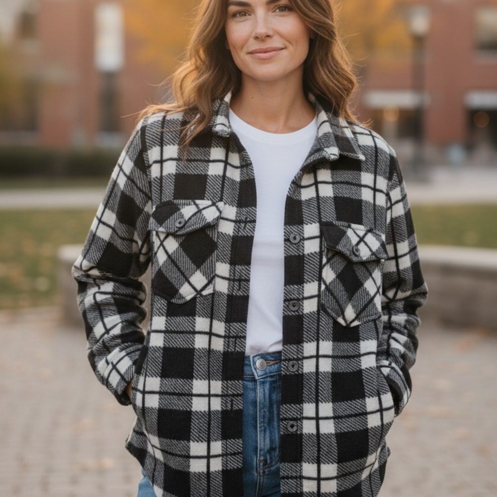 Classic Black and White Plaid Utility Jacket